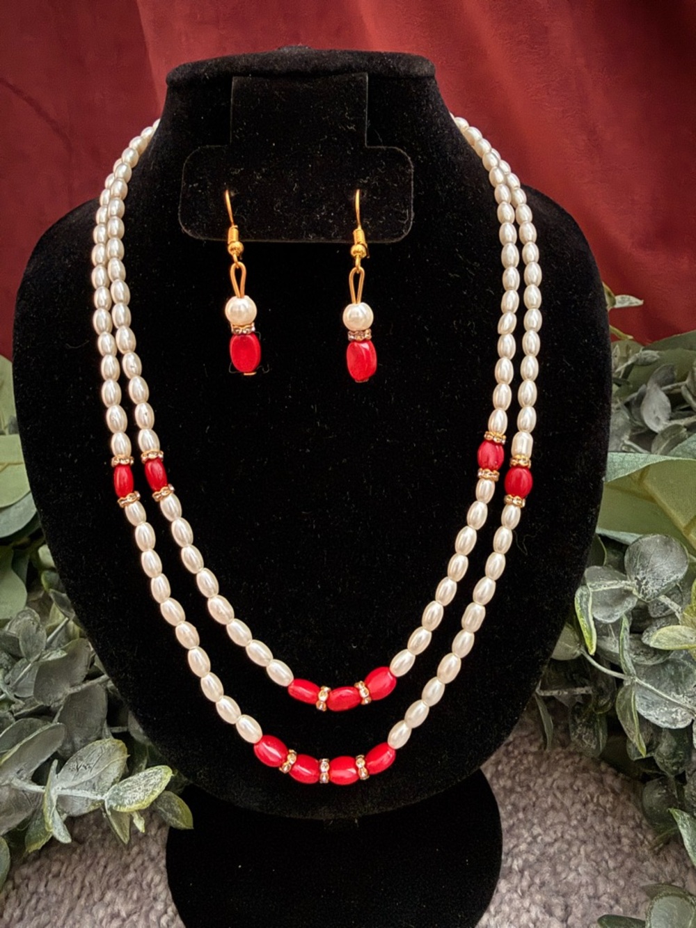 Pearl and Red Bead Double-Strand Necklace Set